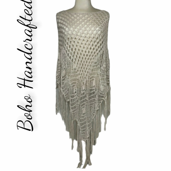 Handcrafted Knit Tassel Fringe Boho Sweater Poncho Boho Spell Gypsy Style Shawl - Picture 7 of 16